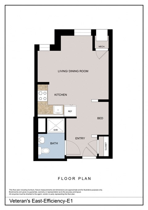 Floor plan for studio, 1 bath, 377 sqft
